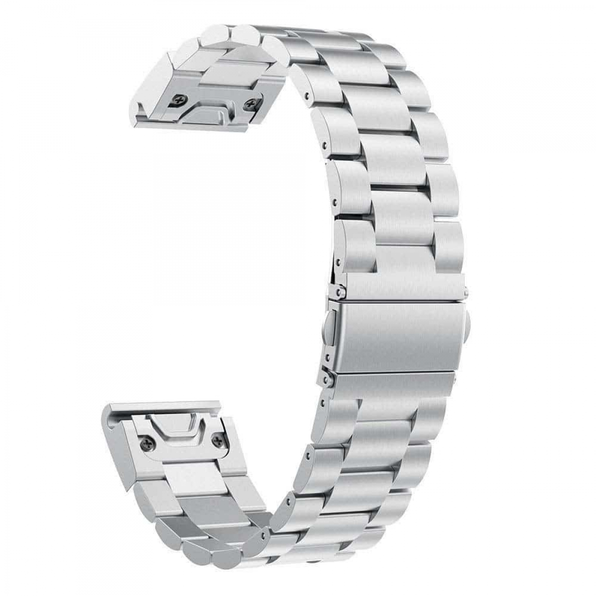Silbernes Uhrenarmband mit mehreren verbundenen Gliedern und einem Verschluss. Weißer Hintergrund.