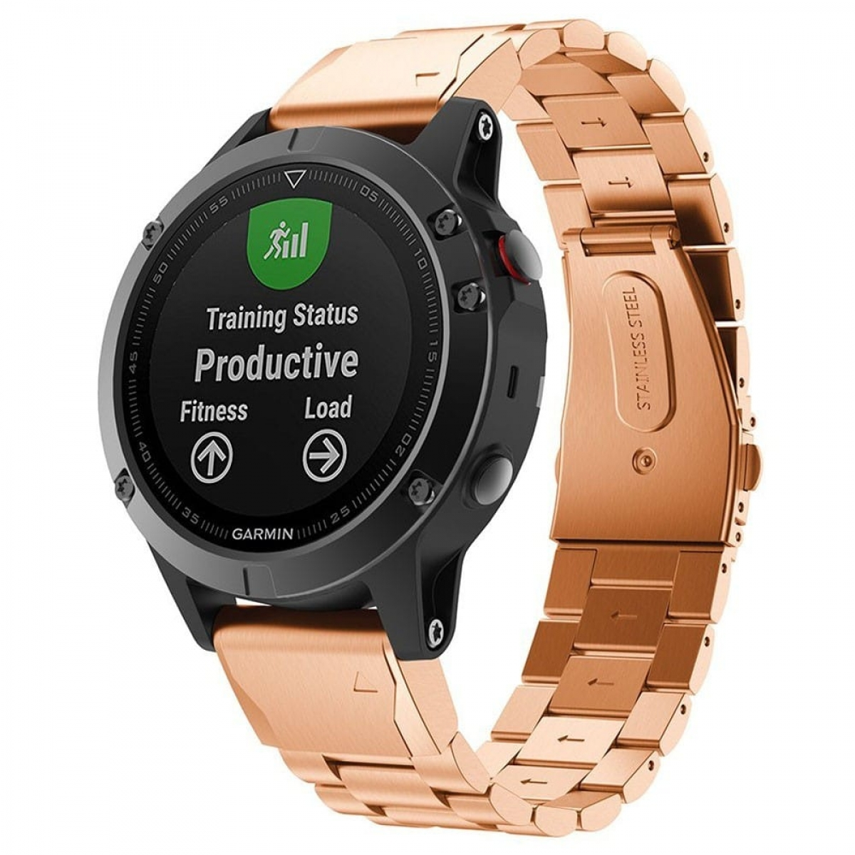 Roségoldene Uhr mit schwarzer Lünette und Armband. Trainingsstatus: Produktiv, Fitnessbelastung.