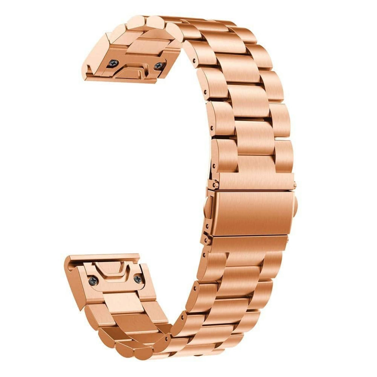 Roségoldenes Uhrenarmband mit silberner Schließe. Weißer Hintergrund.