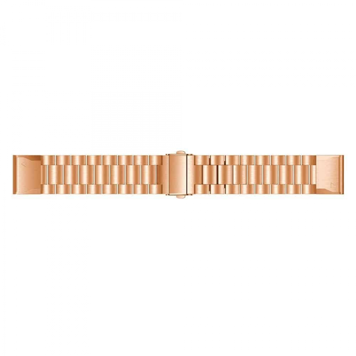 Roségoldenes Uhrenarmband, Metallglieder und ein Verschluss auf weißem Hintergrund, gerade Ansicht.