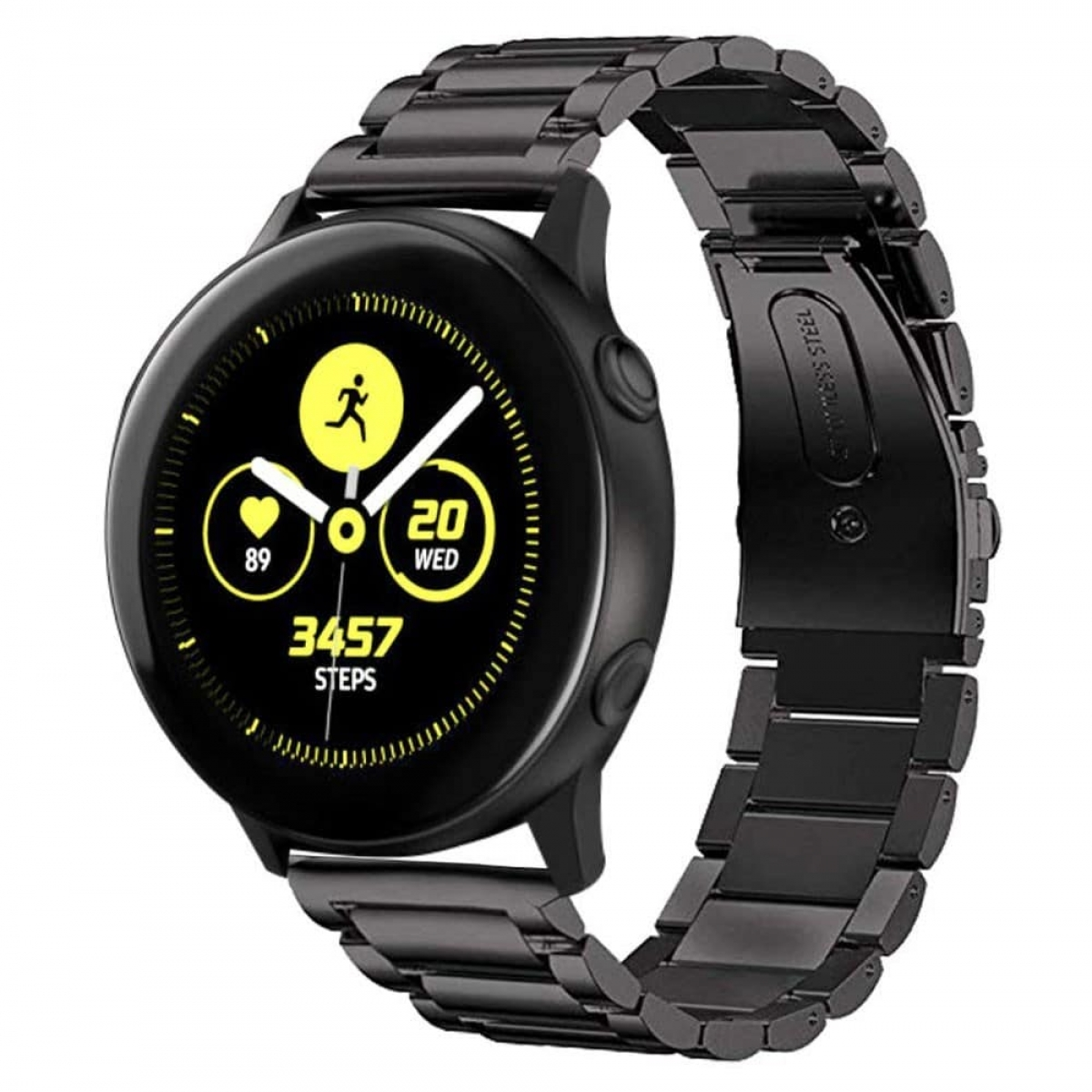 Schwarze Smartwatch mit schwarzem Metallarmband, zeigt Schritte, Herzfrequenz und Zeit.