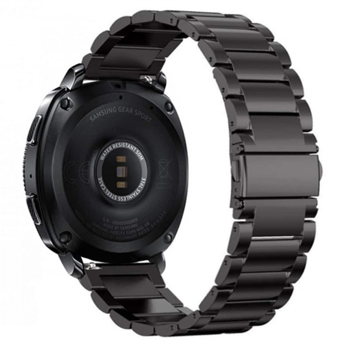 Schwarze Smartwatch mit schwarzem Metallarmband. Die Uhr hat ein rundes Zifferblatt mit Knöpfen und einer Schnalle.