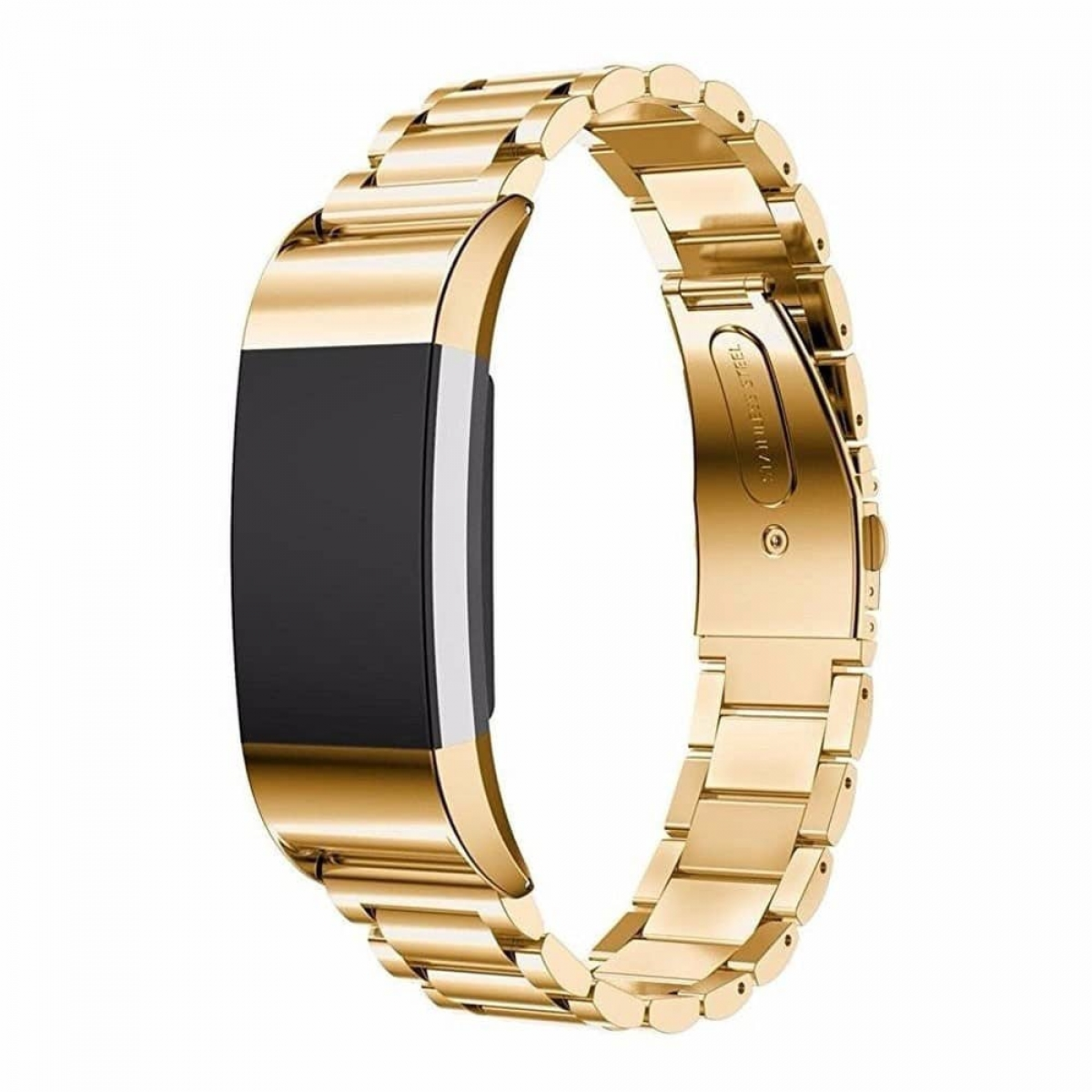 Goldfarbenes Armband mit schwarzem Smartwatch-Display. Es ist gold und schwarz.