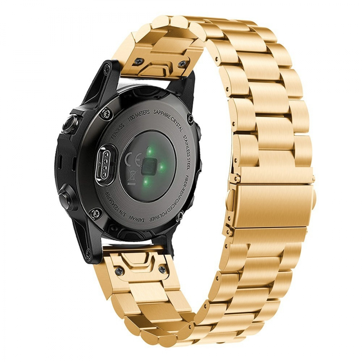 Goldenes Uhrenarmband an einer schwarzen Smartwatch mit grünem Herzfrequenzsensor.