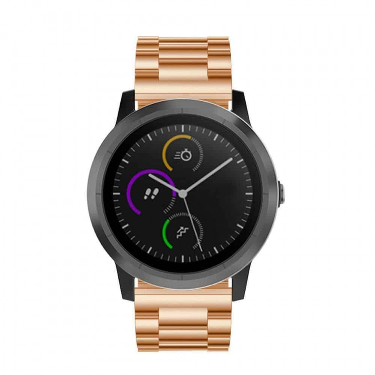 Roségoldene Smartwatch mit schwarzem Zifferblatt, zeigt Aktivitätsmetriken, freigestellt.