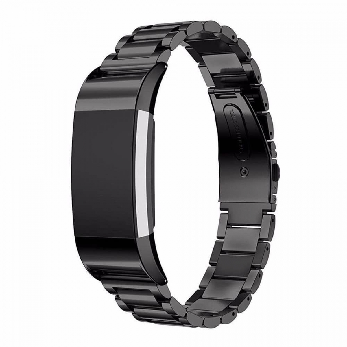 Schwarzer Fitnesstracker mit schwarzem Metallarmband. Weißer Hintergrund.