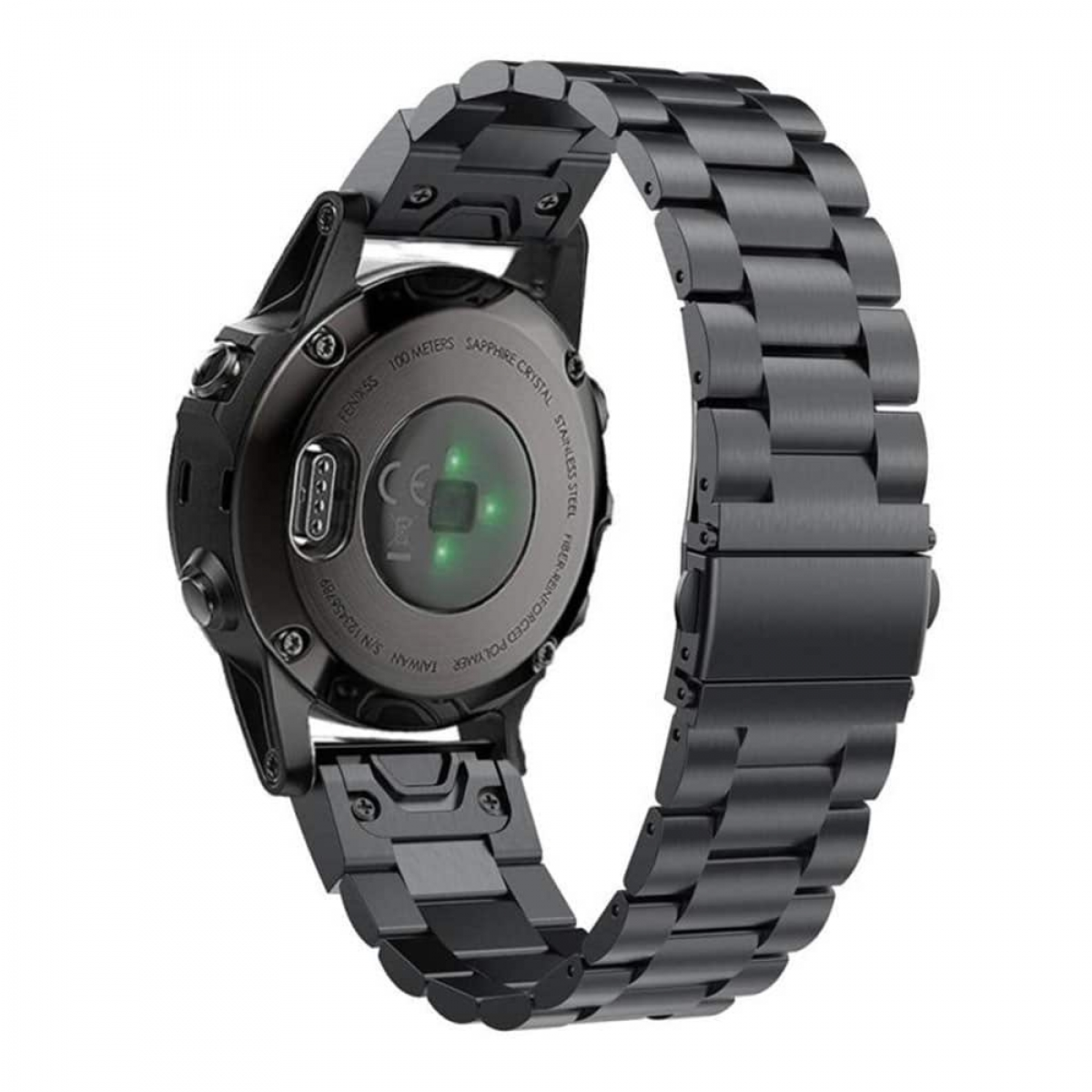 Schwarze Smartwatch mit Metallarmband, Rückseite zeigt Sensoren, isoliert auf Weiß.