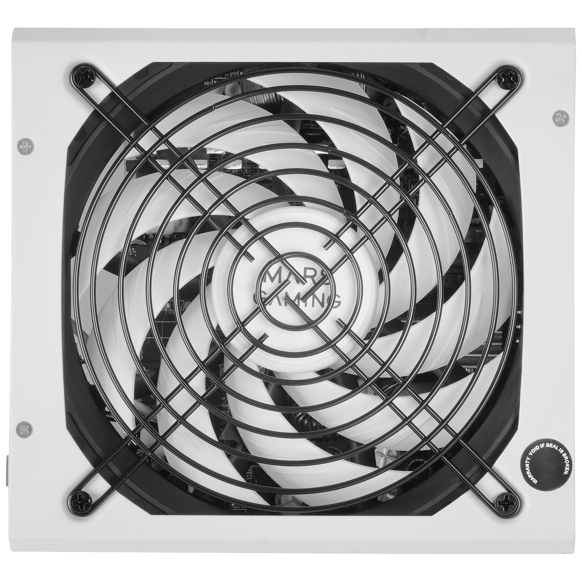 Biały zasilacz z dużym wentylatorem wewnątrz czarnej kratki ochronnej. 'MARS GAMING' jest napisane pośrodku.