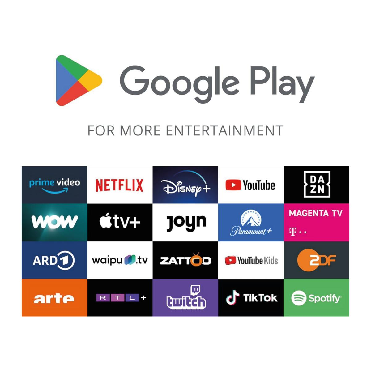 Google Play Logo mit App-Icons von Netflix, YouTube, Disney+ und mehr.