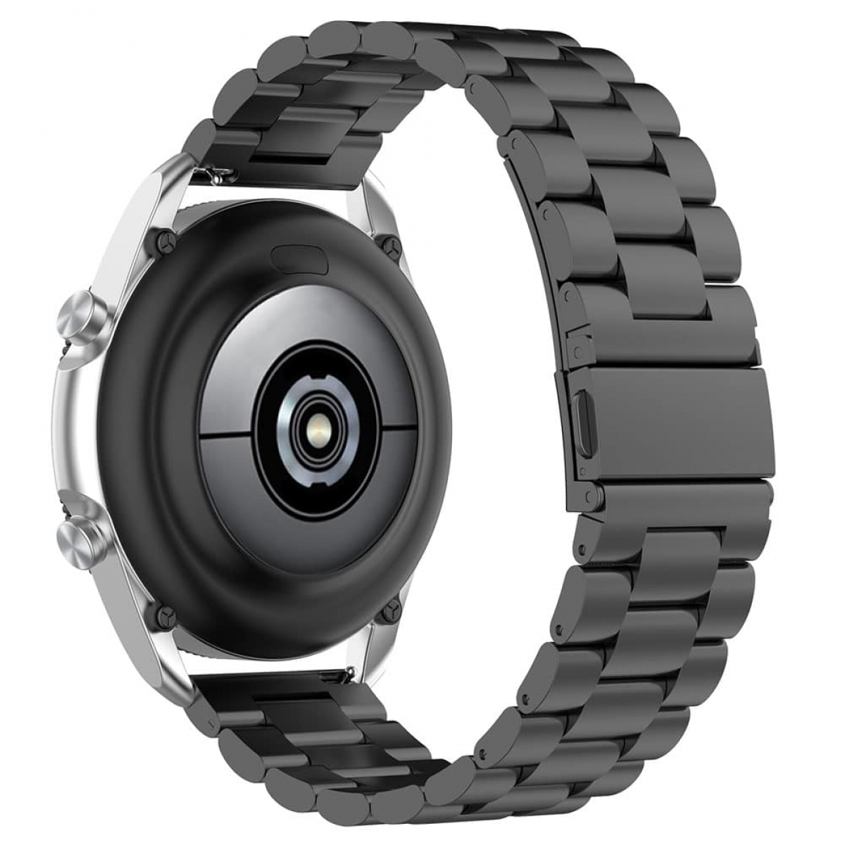 Eine schwarze Smartwatch und Armband. Die Rückseite der Uhr und das Armband sind sichtbar, auf weißem Grund.
