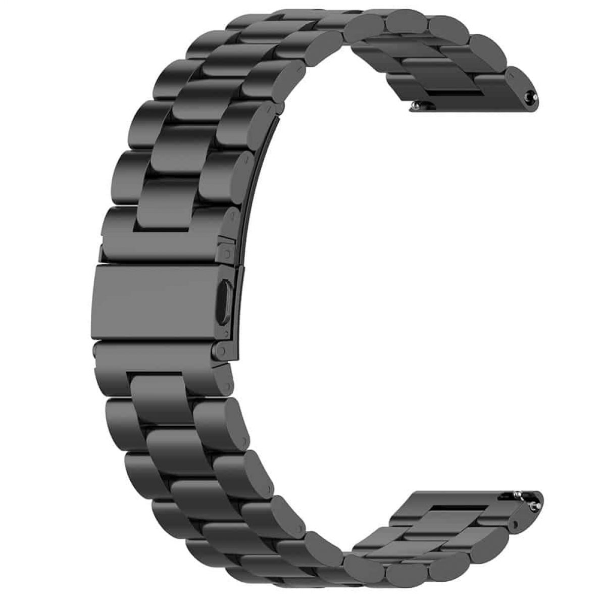 Schwarzes Metall-Uhrenarmband, C-förmig, mit mehreren Gliedern und einem Faltverschluss.