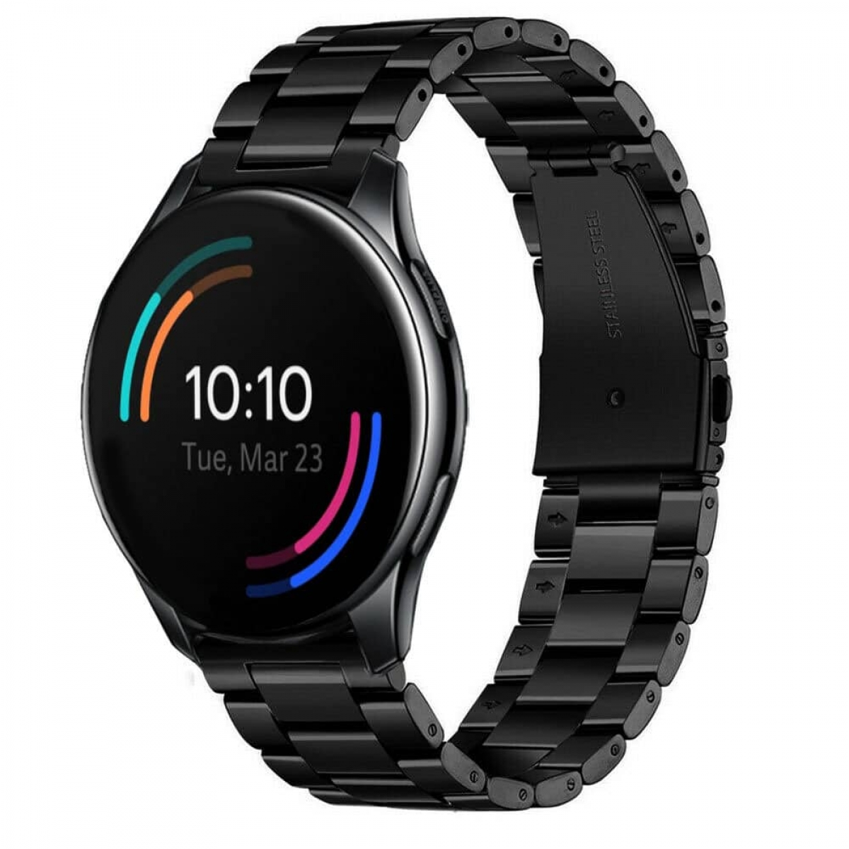 Eine schwarze Smartwatch mit schwarzem Metallband. Das Zifferblatt zeigt Uhrzeit und Datum.