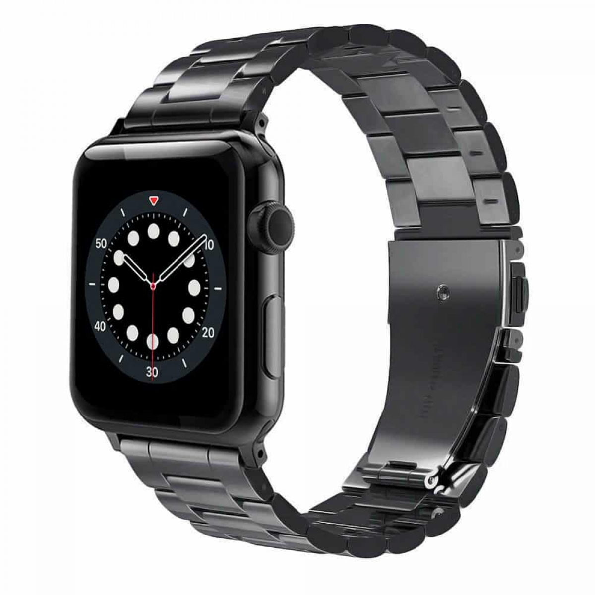 Schwarze Apple Watch mit schwarzem Metallarmband. Anzeige zeigt die Uhrzeit.