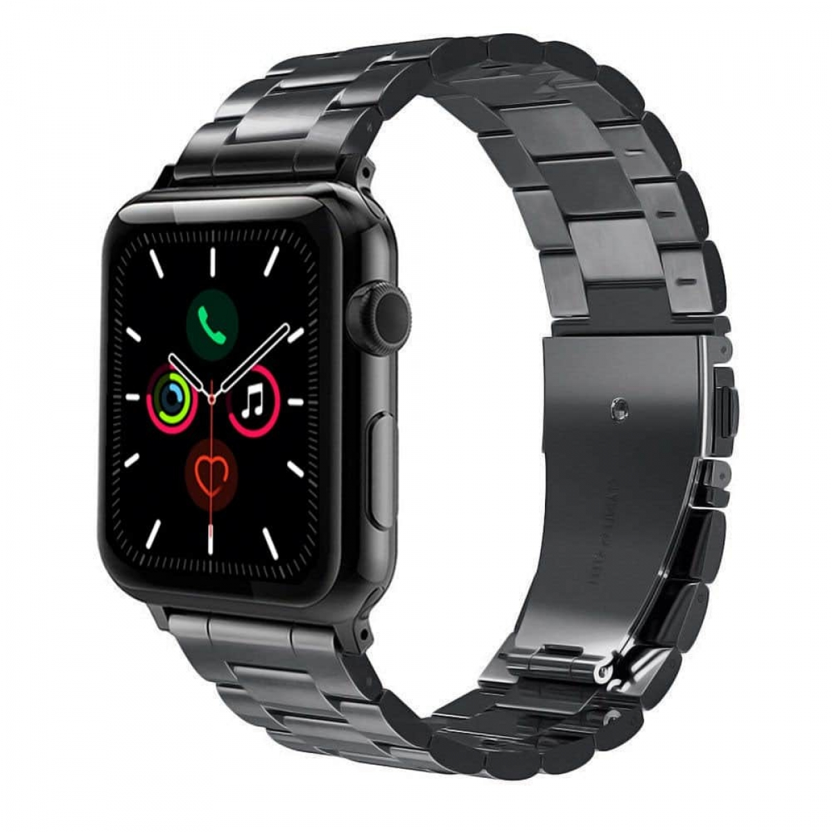 Schwarze Apple Watch mit schwarzem Metallarmband. Die Uhr zeigt eine farbenfrohe Oberfläche mit Symbolen.