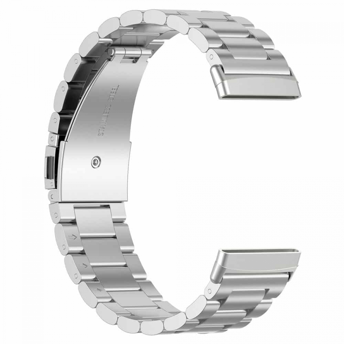 Ein silbernes Uhrenarmband mit einer Edelstahlplatte mit der Aufschrift 'EDELSTAHL'.
