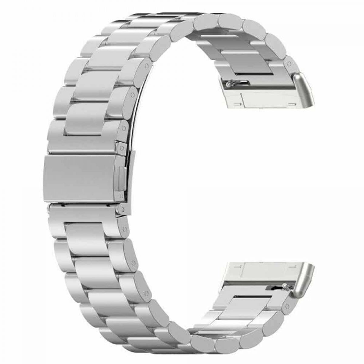 Ein gebogenes silbernes Uhrenarmband aus Metallgliedern. Es ist offen und bereit zum Anbringen.