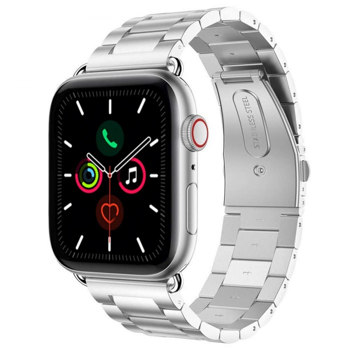 Silberne Smartwatch mit silbernem Armband. Das Display zeigt Symbole wie Telefon, Musik und Herz.