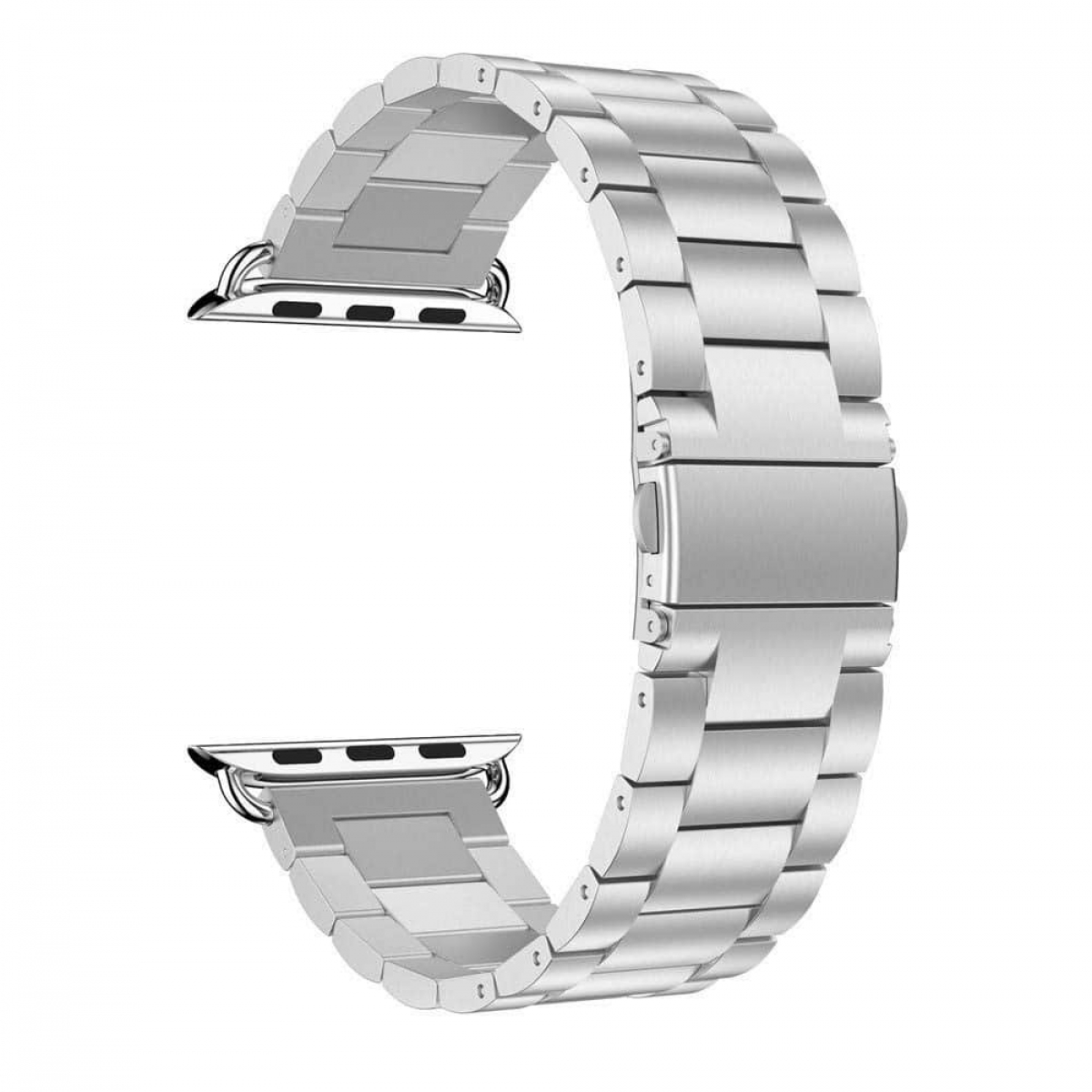 Silbernes Uhrenarmband. Es ist gebogen und scheint metallisch zu sein. Das Band ist offen.