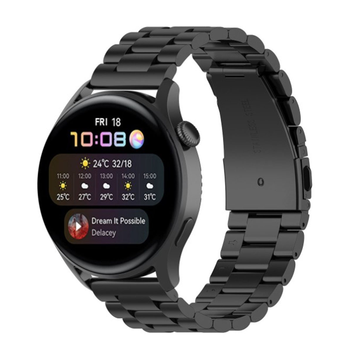 Schwarze Smartwatch mit schwarzem Metallarmband. Der Bildschirm zeigt Zeit und Wetter.