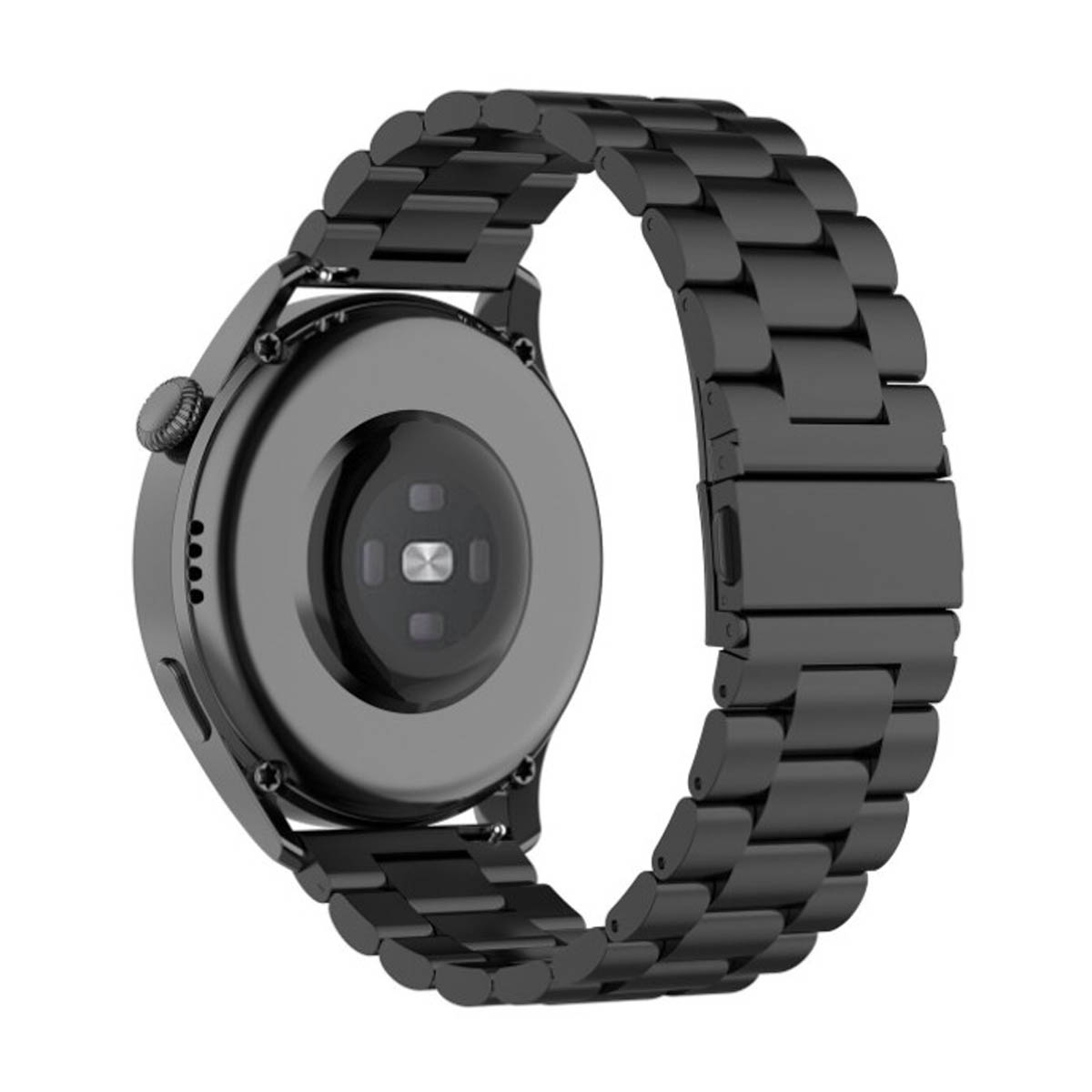 Die Rückseite einer schwarzen Smartwatch mit Metallarmband. Die Rückseite hat einen Sensor, das Band ist schwarz.