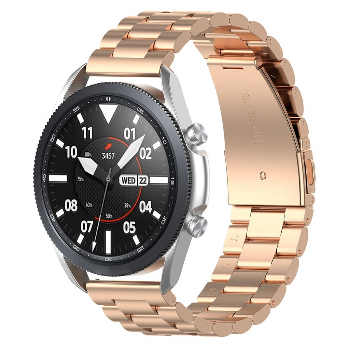 Eine roségoldene Smartwatch mit Metallarmband. Das Zifferblatt zeigt Datum und Uhrzeit an.