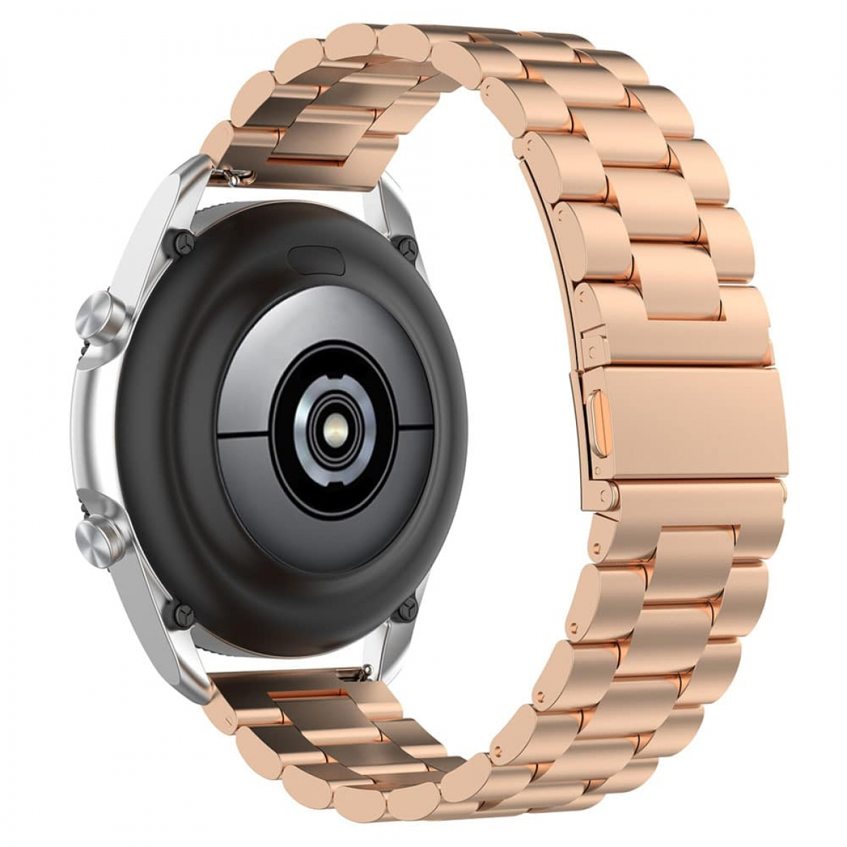 Eine roségoldene Smartwatch mit Metallarmband. Die Rückseite zeigt Sensoren und Ladepunkte.