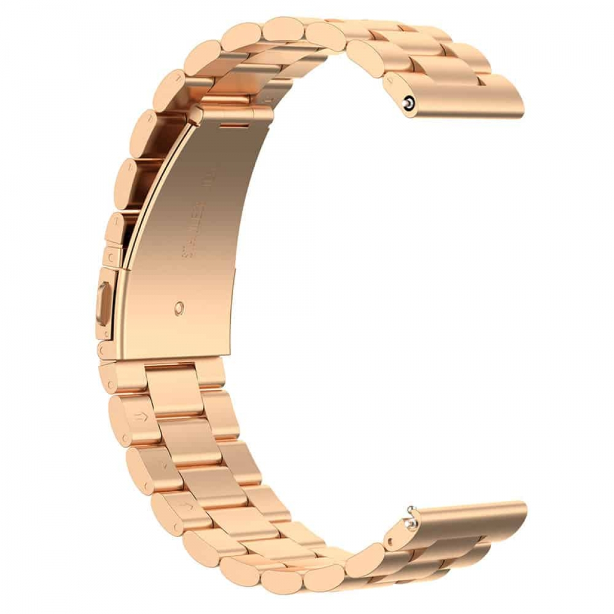 Ein gebogenes, goldfarbenes Uhrenarmband. Es besteht aus verbundenen Gliedern und hat einen Verschluss.