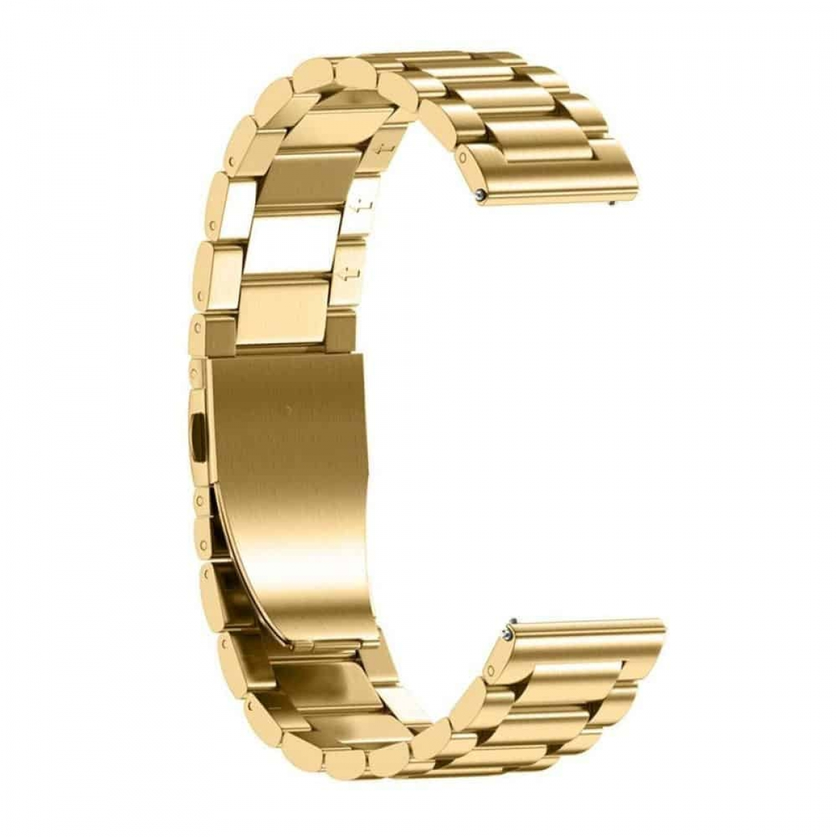 Goldenes Metall-Uhrenarmband. Das Band ist gebogen und hat einen Verschluss. Weißer Hintergrund.