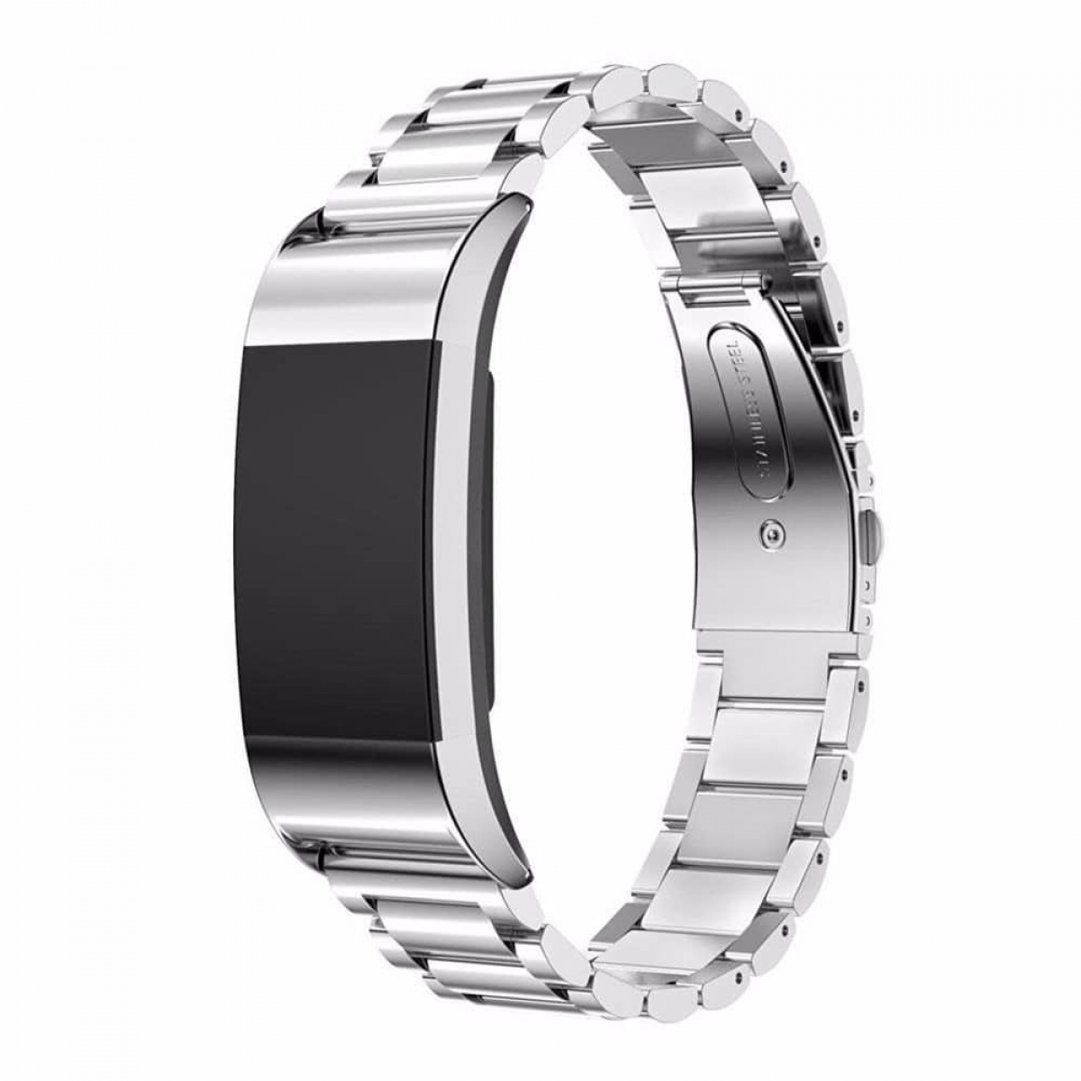 Silberner Fitnesstracker mit silbernem Metallband. Der Tracker hat einen schwarzen Bildschirm und einen Verschluss.