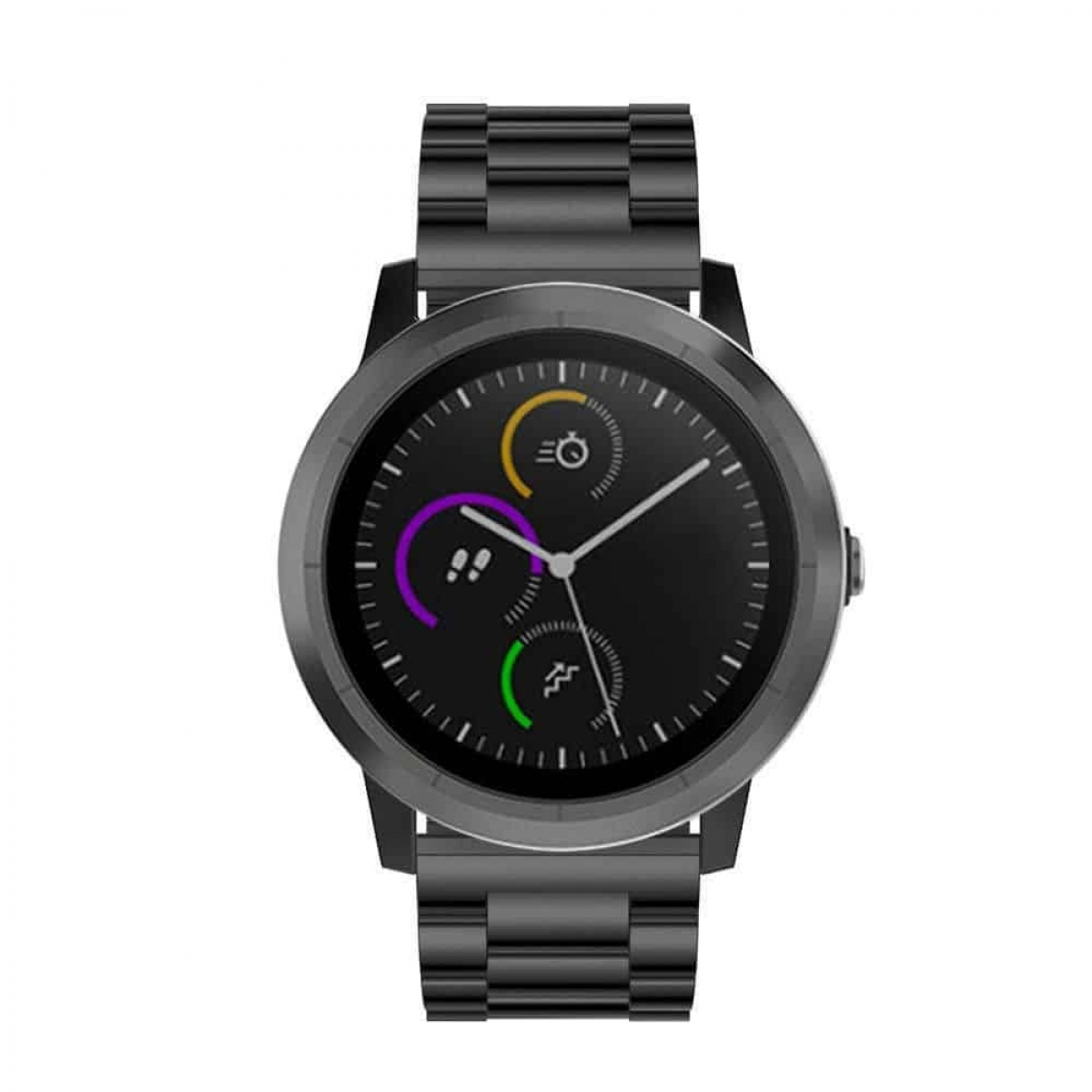 Schwarze Smartwatch mit rundem Display, das Aktivitäts- und Zeitmetriken anzeigt.