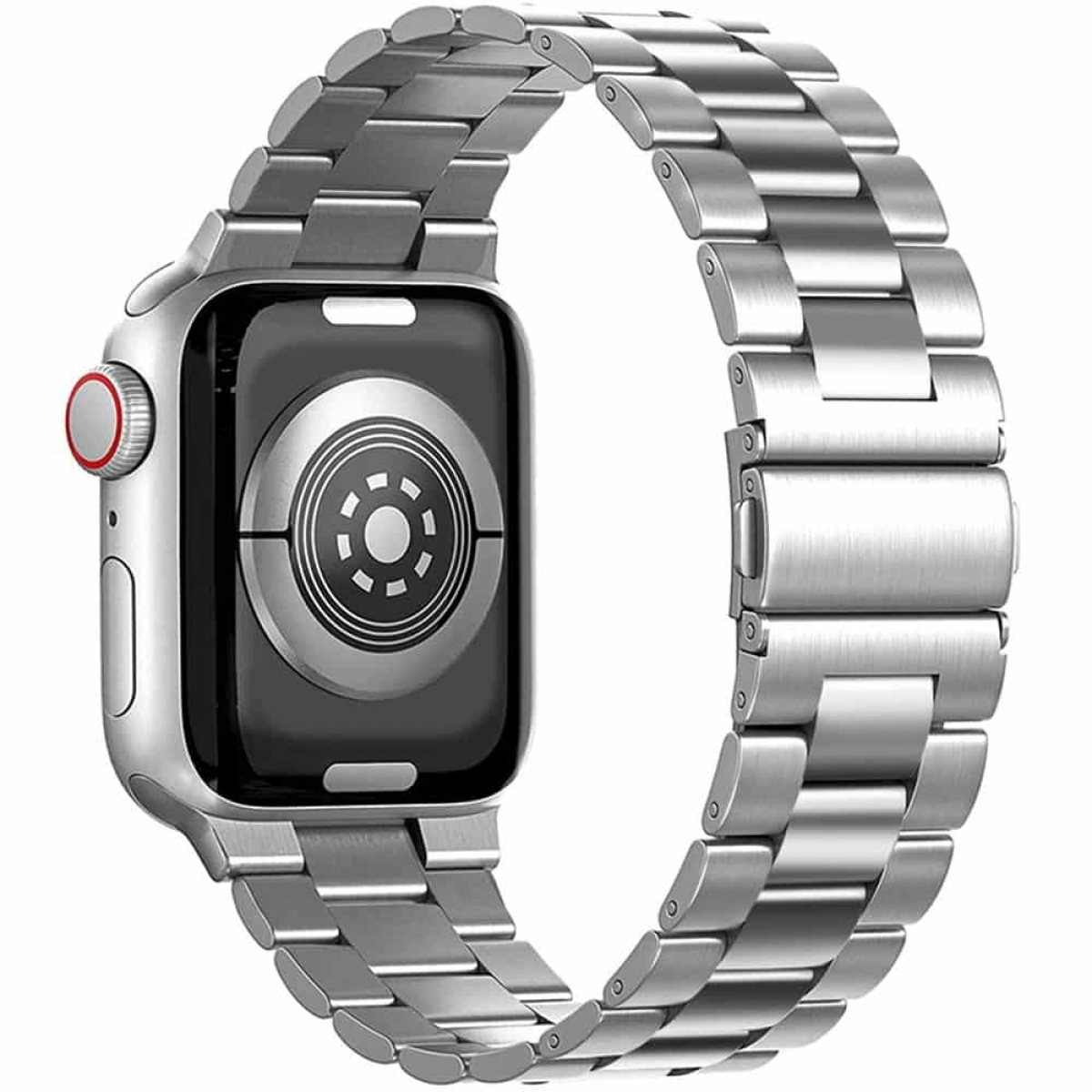 Silberne Apple Watch mit silbernem Armband, Rückansicht.