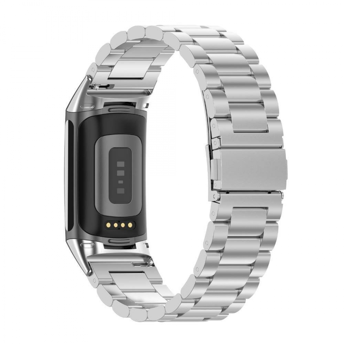 Silbernes Metall-Uhrenarmband an einer schwarzen Smartwatch, weißer Hintergrund.