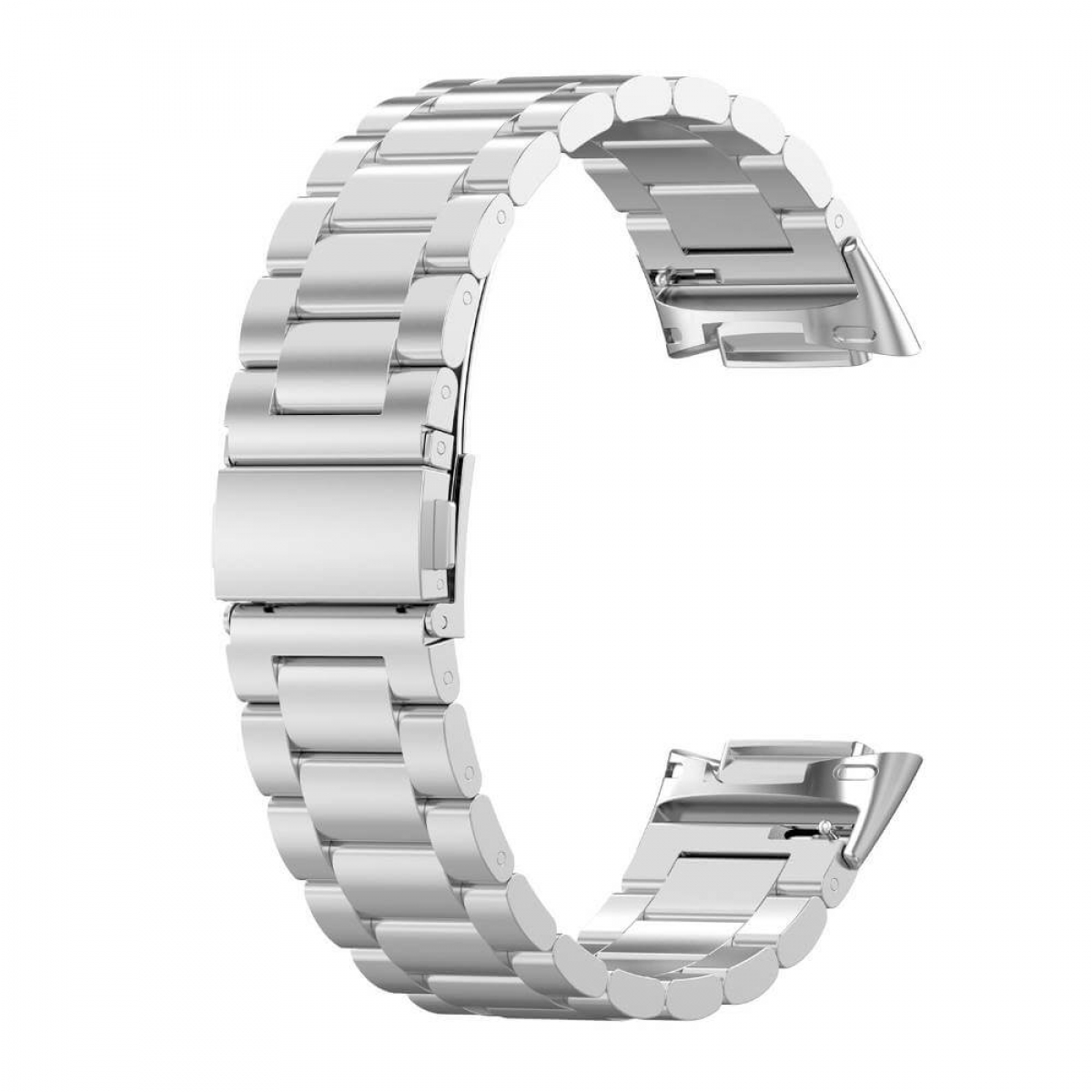 Ein silbernes Metall-Uhrenarmband, gebogen, mit Verschluss und Gliedern.