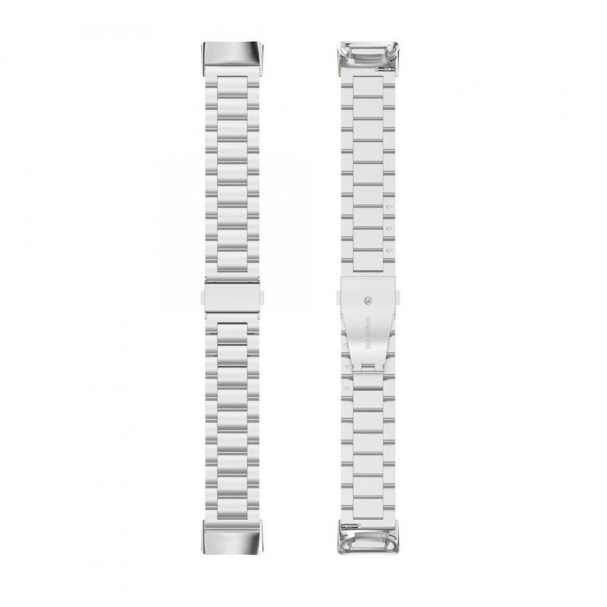 Zwei silberne Uhrenarmbänder nebeneinander, mit einem Verschluss auf einer Seite.