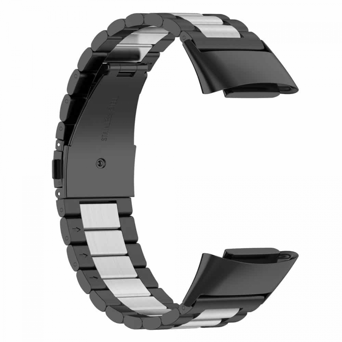 Schwarzes Uhrenarmband mit silbernen Akzenten. Isoliert auf Weiß. Edelstahl-Verschluss sichtbar.