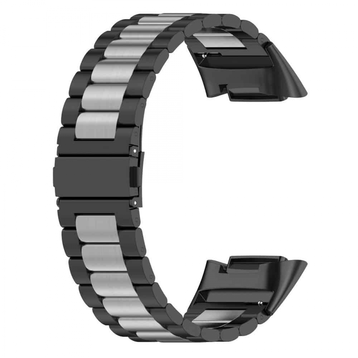 Schwarzes und silbernes Uhrenarmband. Zweifarbige Glieder mit Faltschließe. Weißer Hintergrund.