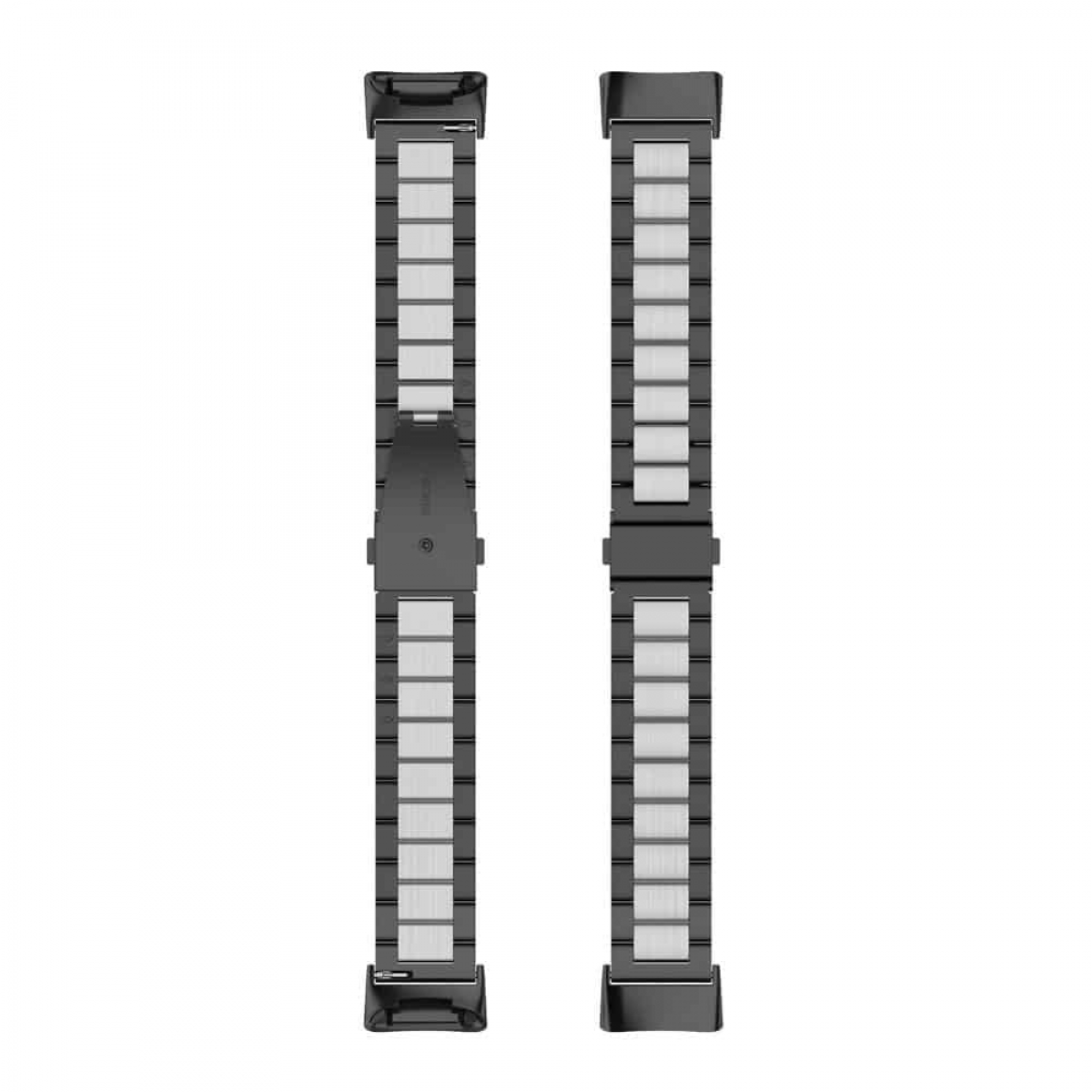 Zwei Uhrenarmbänder, schwarz mit silbernen Einsätzen, Edelstahl. Die Armbänder haben ein Gliederdesign, weißer Hintergrund.