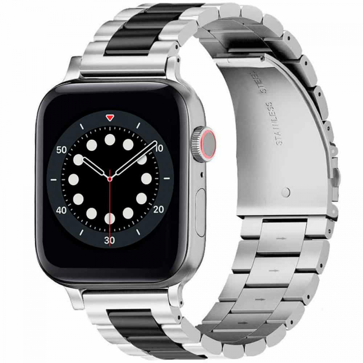 Silberne Apple Watch mit schwarzem Armband. Das Zifferblatt zeigt die Uhrzeit, das Datum und einige Apps an.