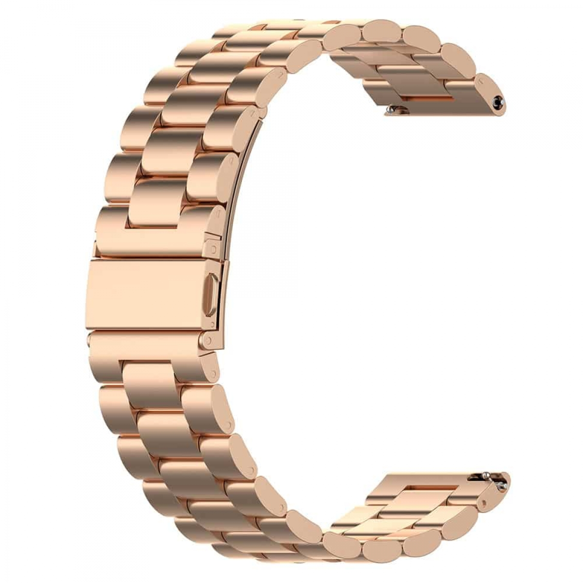 Roségoldenes Uhrenarmband mit silberner Schließe. Weißer Hintergrund.
