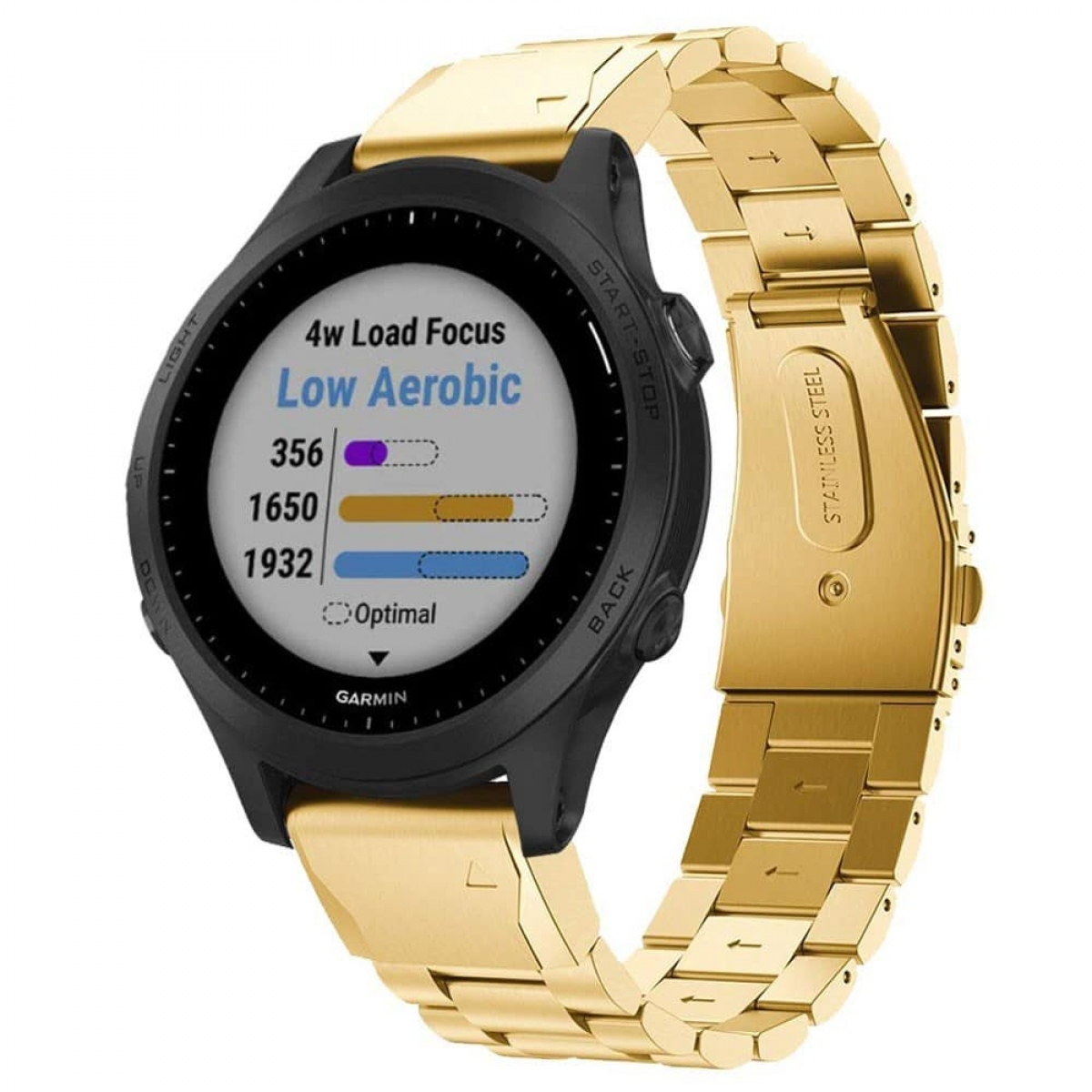 Goldene Smartwatch mit goldenem Metallarmband. Der Bildschirm zeigt Trainingsdaten.