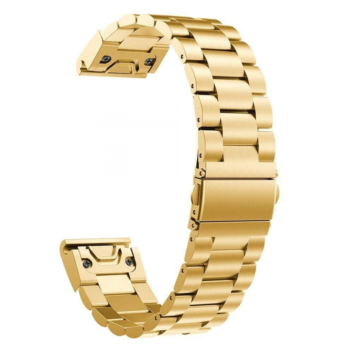 Ein goldenes Uhrenarmband. Es ist aus Metall und hat einen Faltschließe.