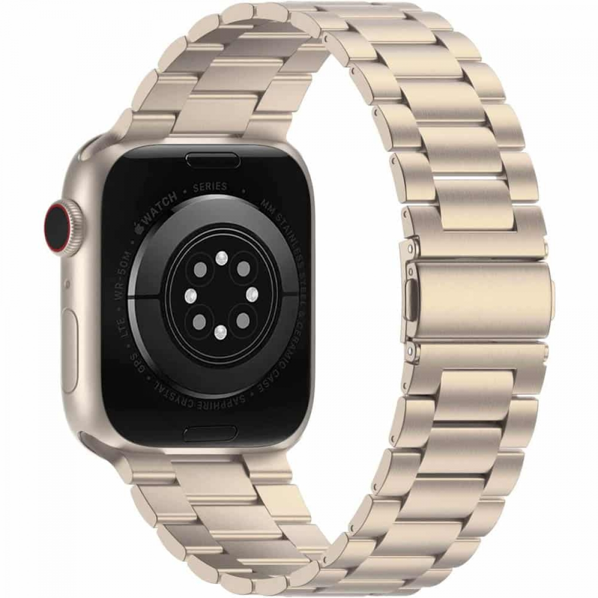 Goldene Apple Watch mit Metallarmband auf weißem Hintergrund.