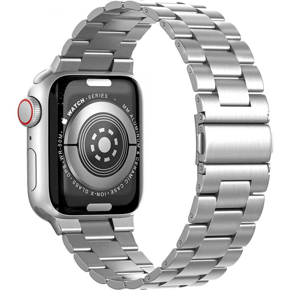 Silberne Apple Watch mit silbernem Metallarmband. Zifferblatt sichtbar. Weißer Hintergrund.