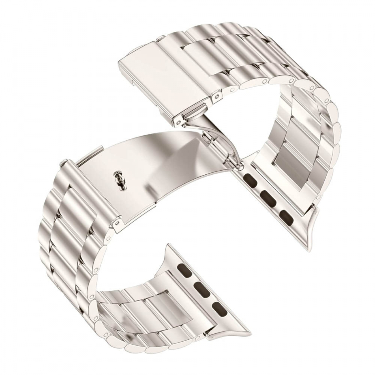 Silbernes Uhrenarmband. Metallband mit mehreren Gliedern, geschwungenes Design. Geöffneter Verschluss zeigt Innenseite.