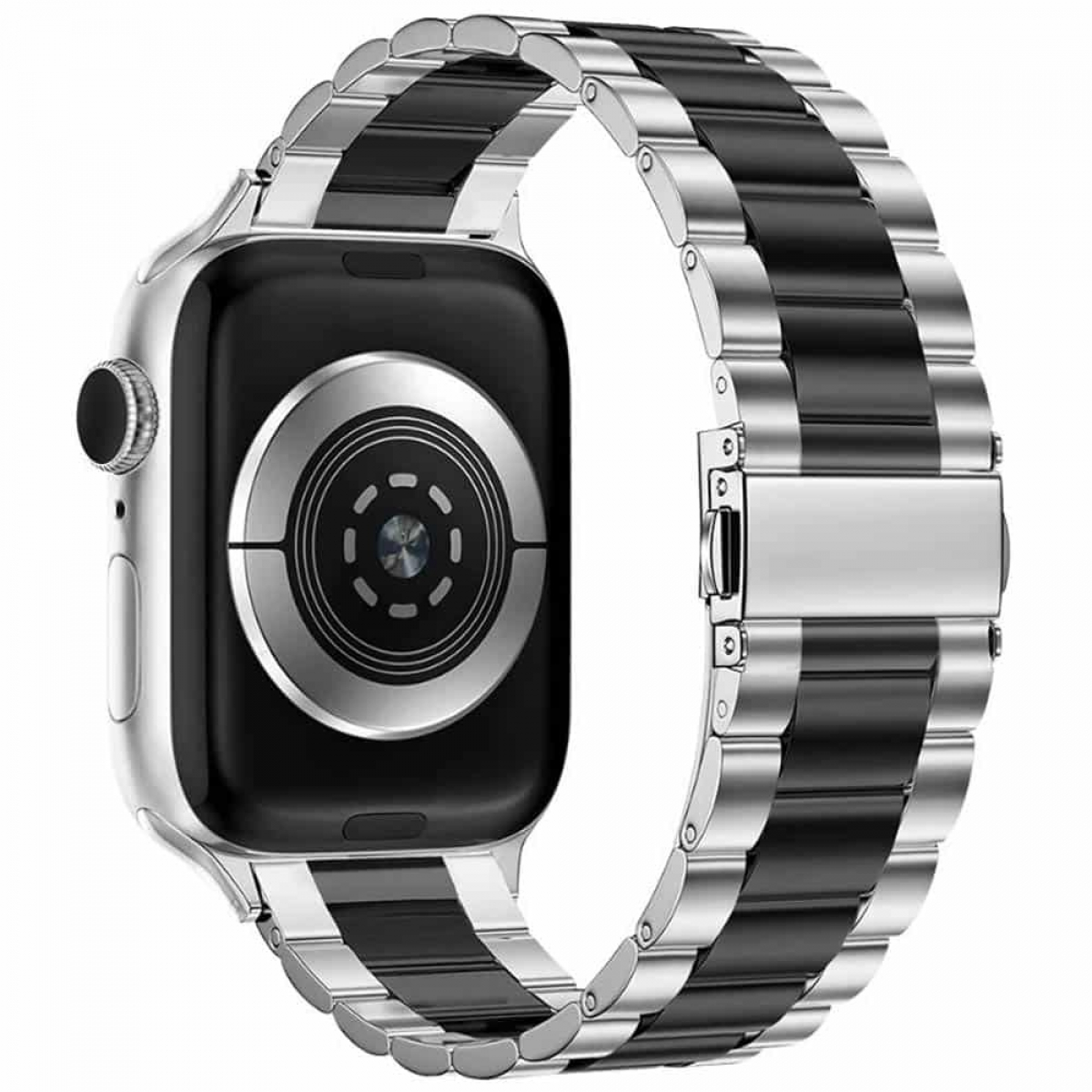 Silberne Apple Watch mit einem schwarz-silbernen Armband. Das Armband ist geschlossen.