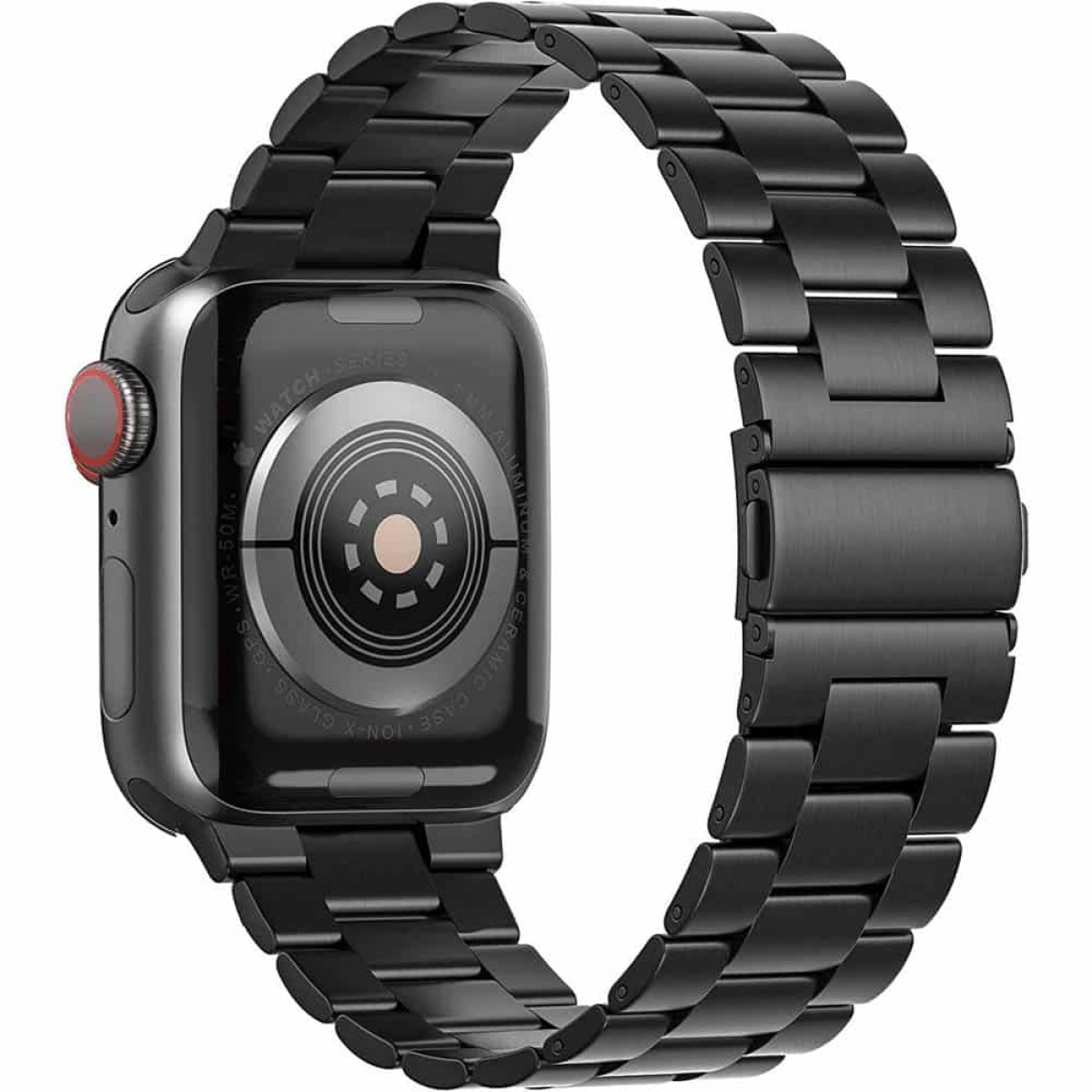 Eine schwarze Apple Watch mit einem schwarzen Edelstahlarmband. Die Uhr ist im Fokus.