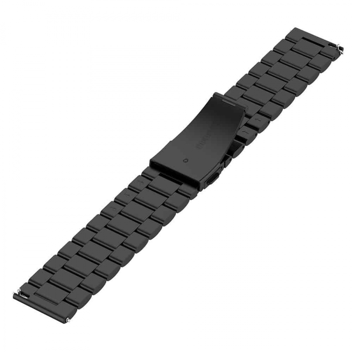 Schwarzes Uhrenarmband, flach, mit Gliedern und Verschluss, weißer Hintergrund.