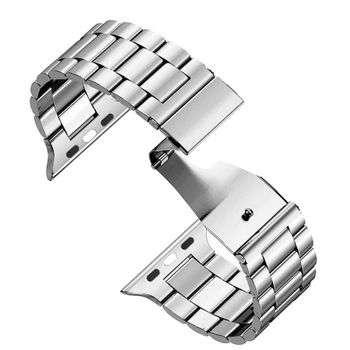Ein Edelstahl-Armband, geöffnet und auf einer weißen Oberfläche liegend. Das Armband besteht aus verbundenen Gliedern.