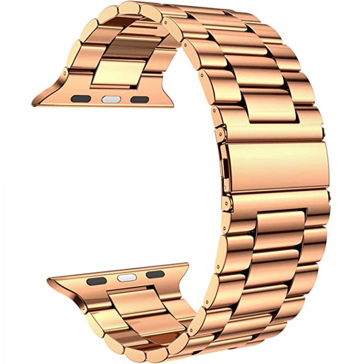 Ein goldfarbenes Armband mit Metallschnalle. Es ist roségoldfarben.