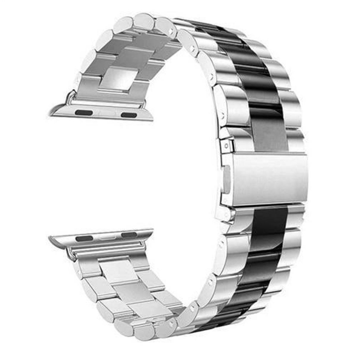 Ein Edelstahl- und schwarzes Uhrenarmband.